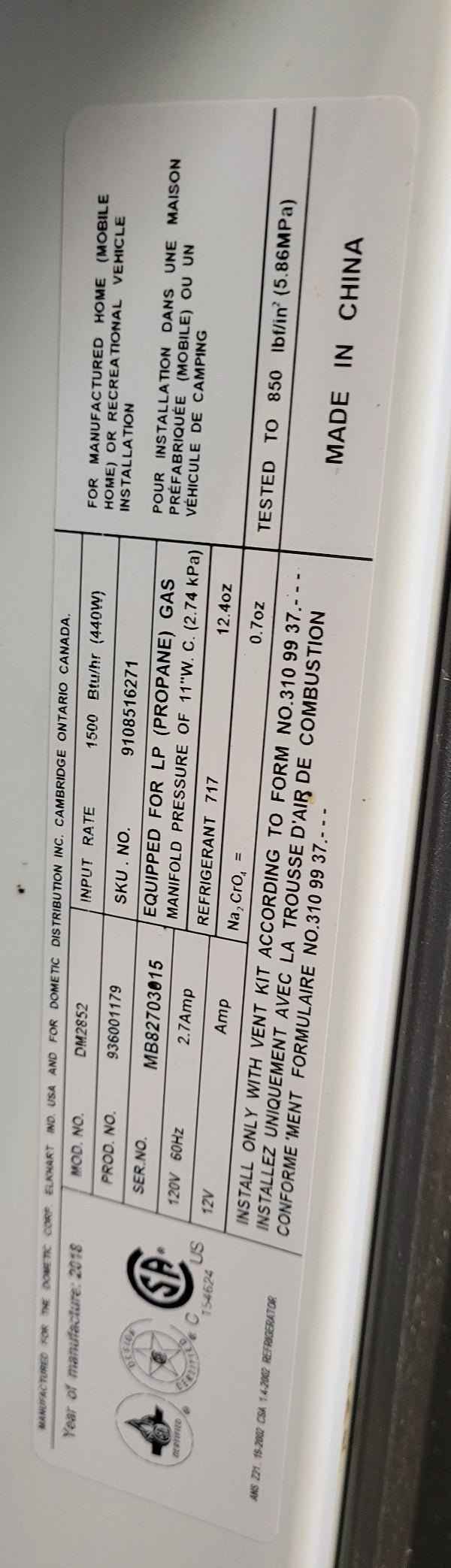 NEW Dometic Propane and Electric RV Fridge DM2852