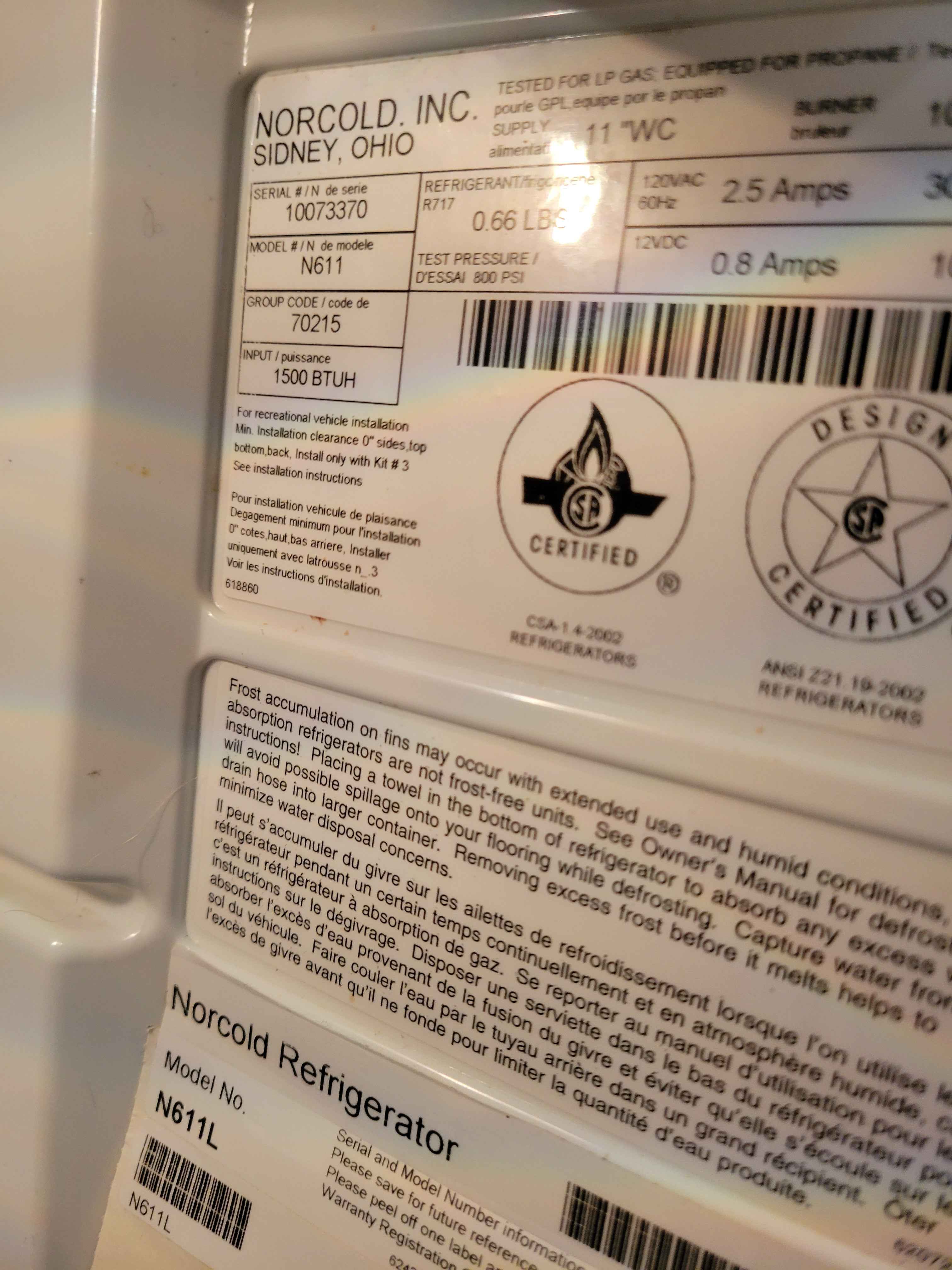 Norcold N611 Propane and Electric RV Fridge