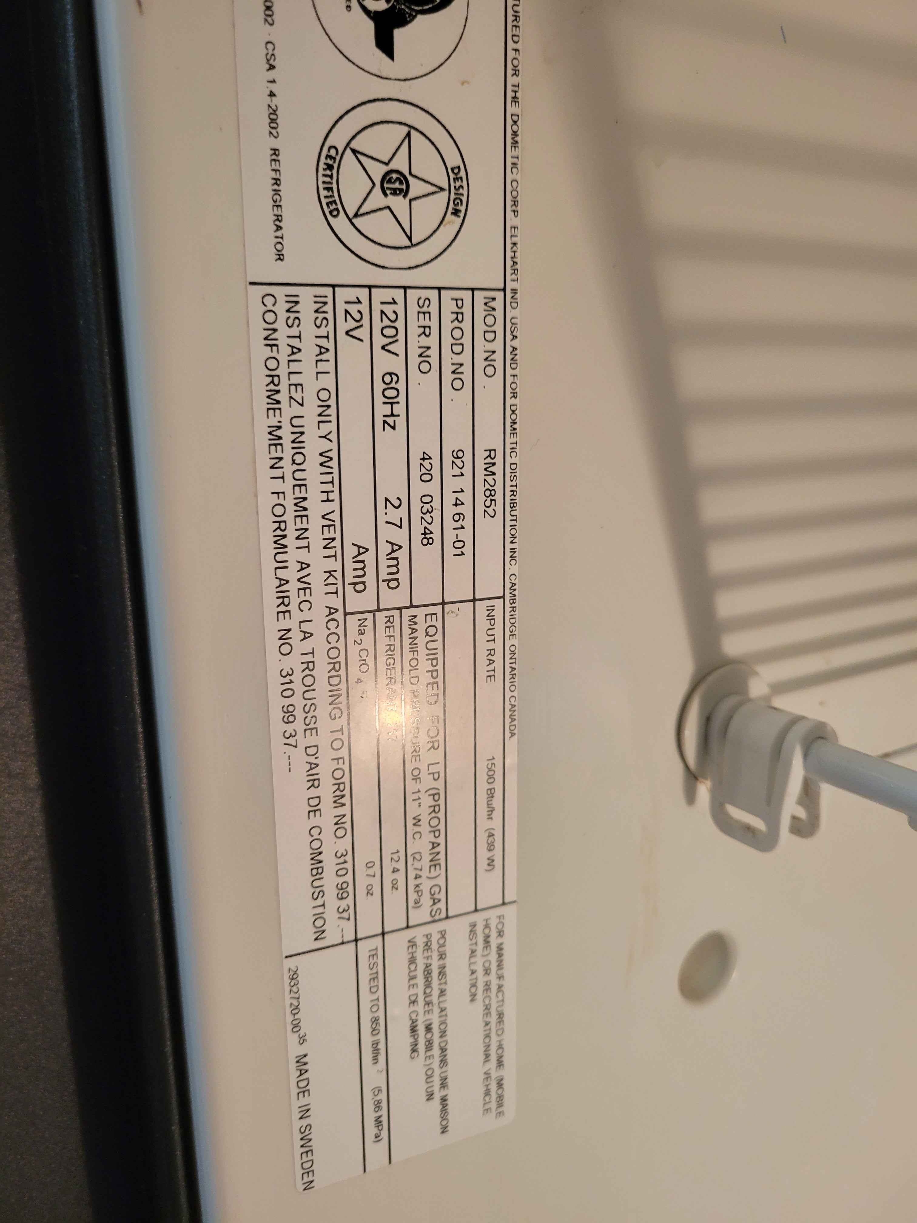 Dometic RM2852 Propane and Electric RV Fridge