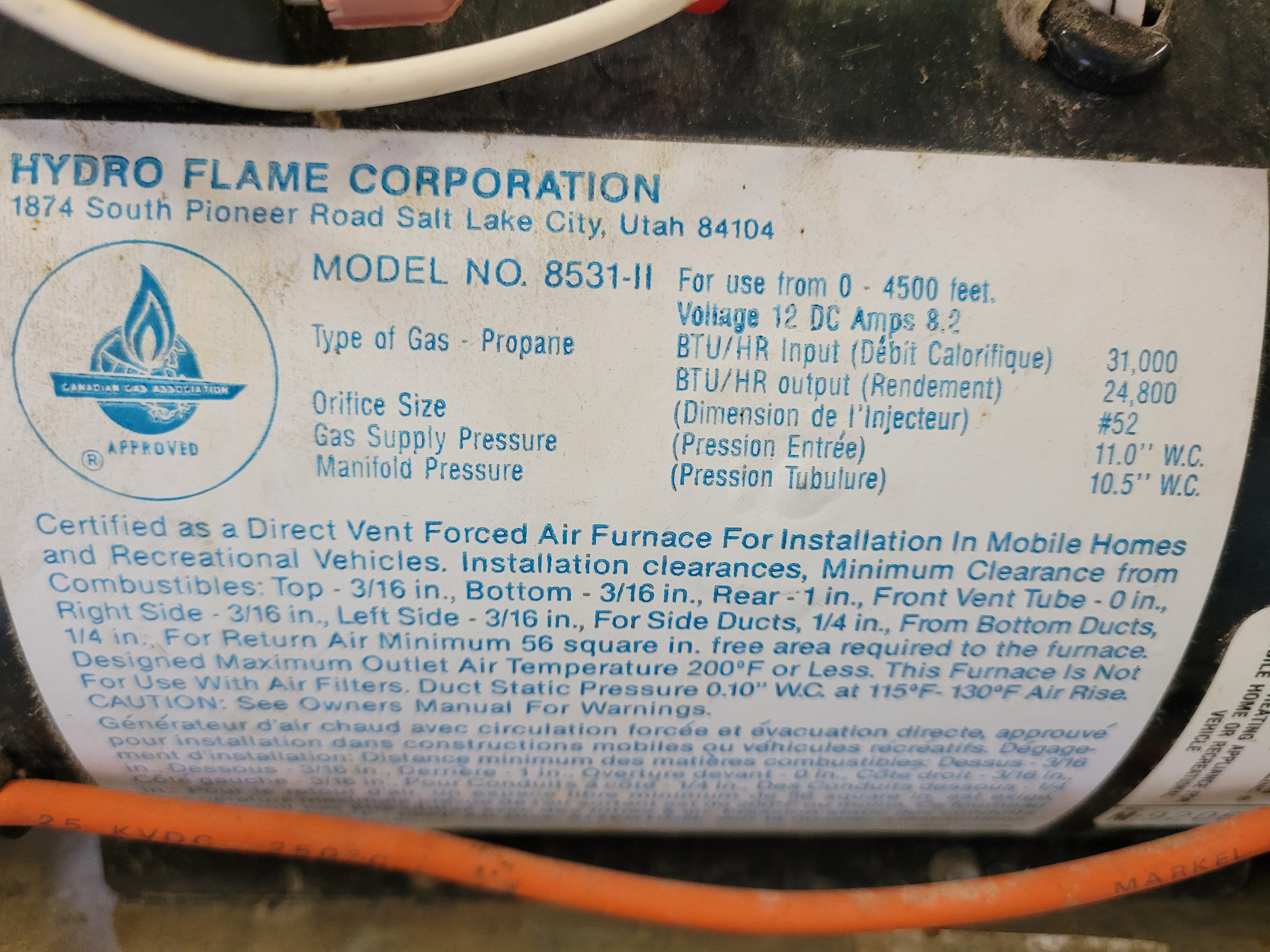 RV Propane Furnace 31000 BTU Hydroflame/Atwood - Used RV Parts