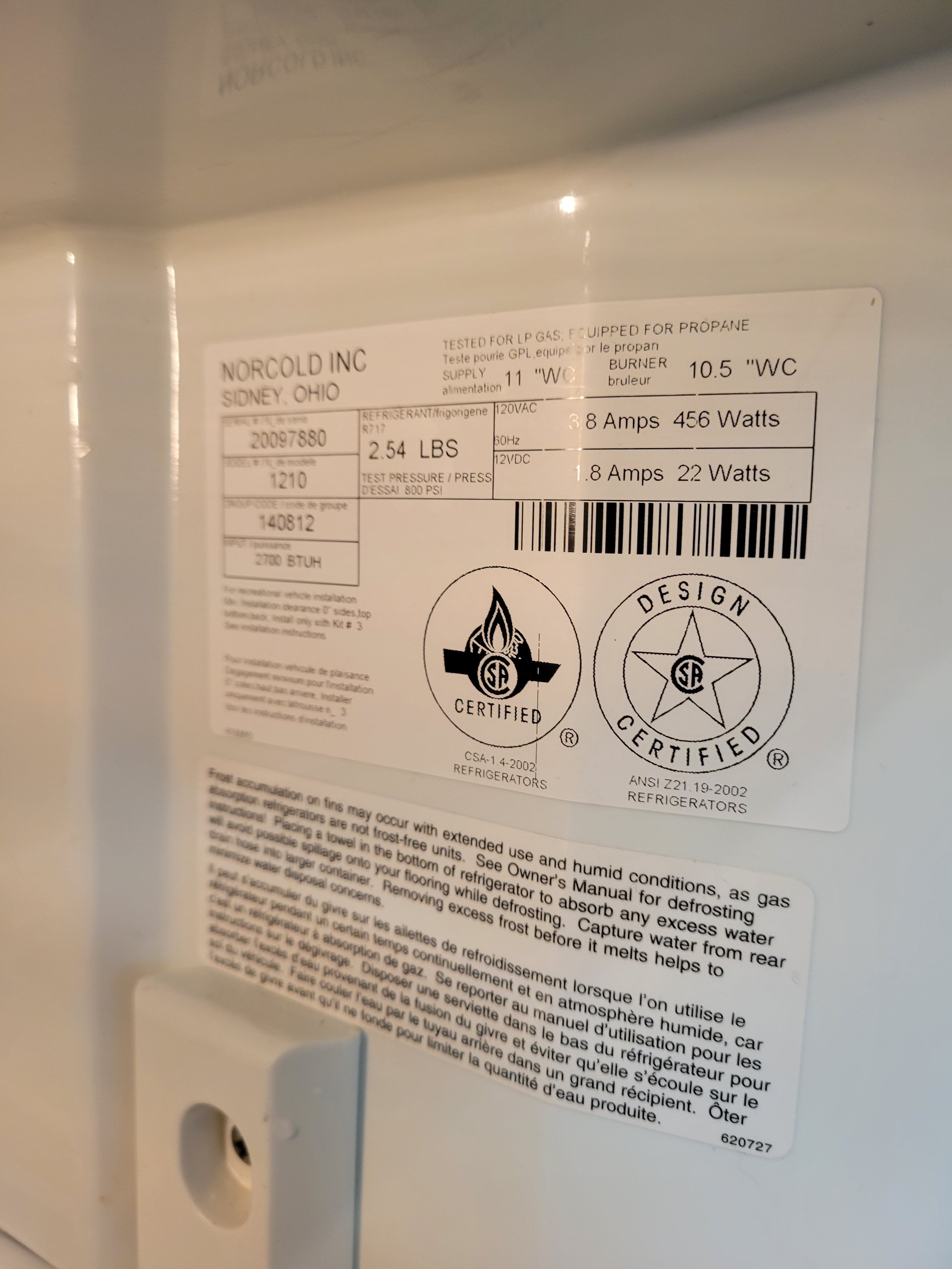 Norcold 1210 Double Door RV Fridge Propane & Electric - Used RV Parts