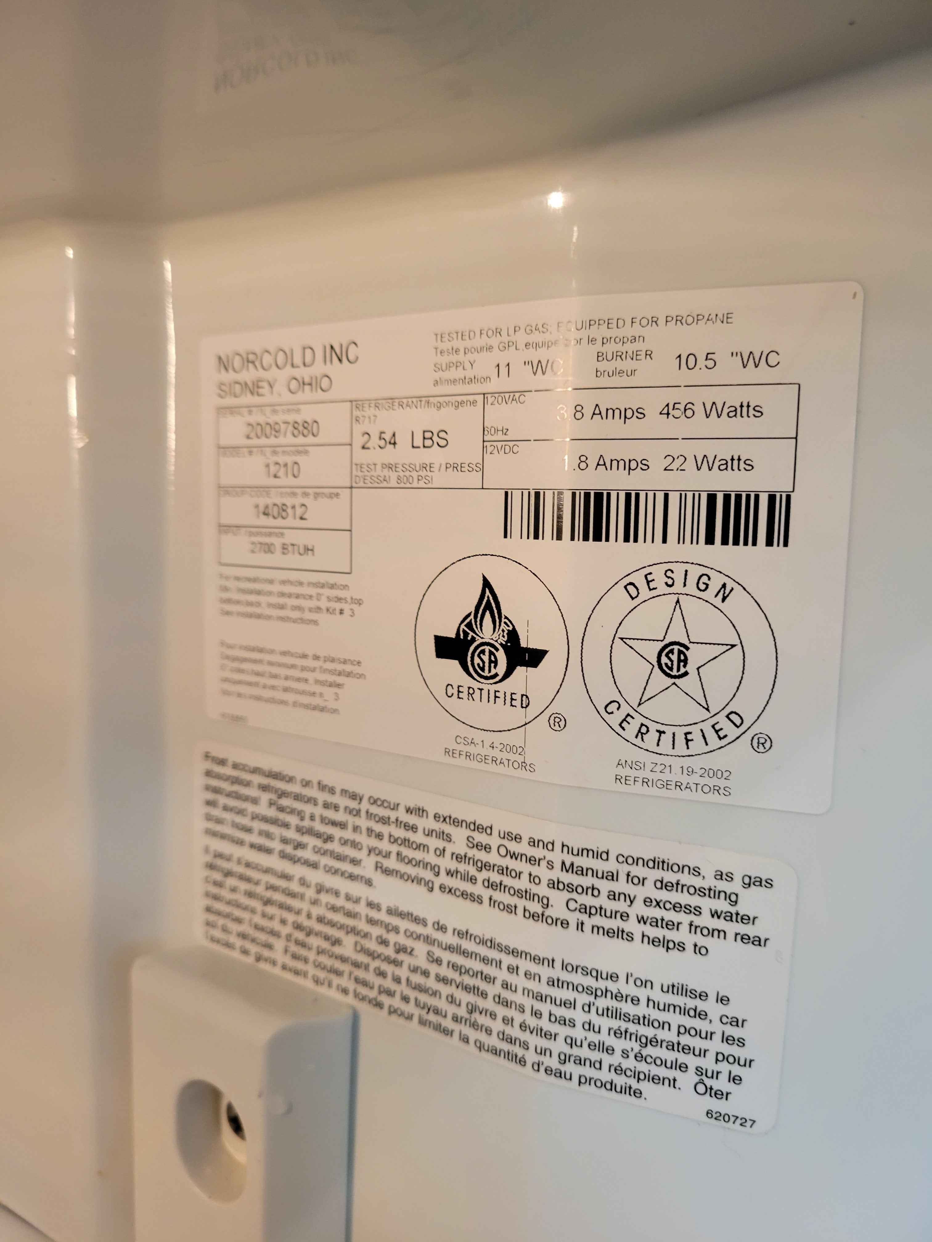 Norcold 1210 Double Door RV Fridge Propane & Electric