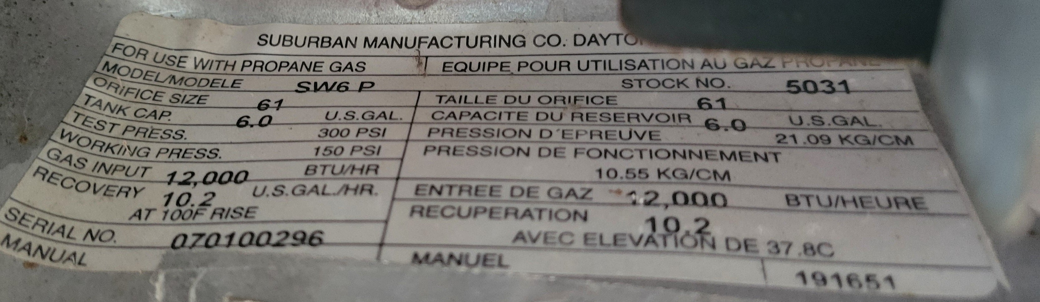 Suburban SW6P Propane Hot Water Heater - Used RV Parts