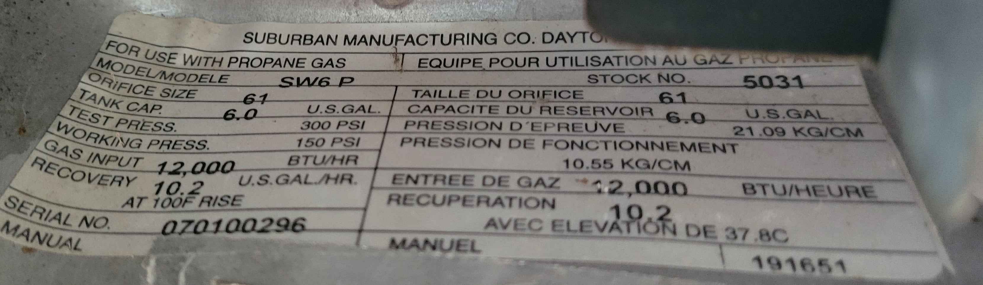 Suburban SW6P Propane Hot Water Heater