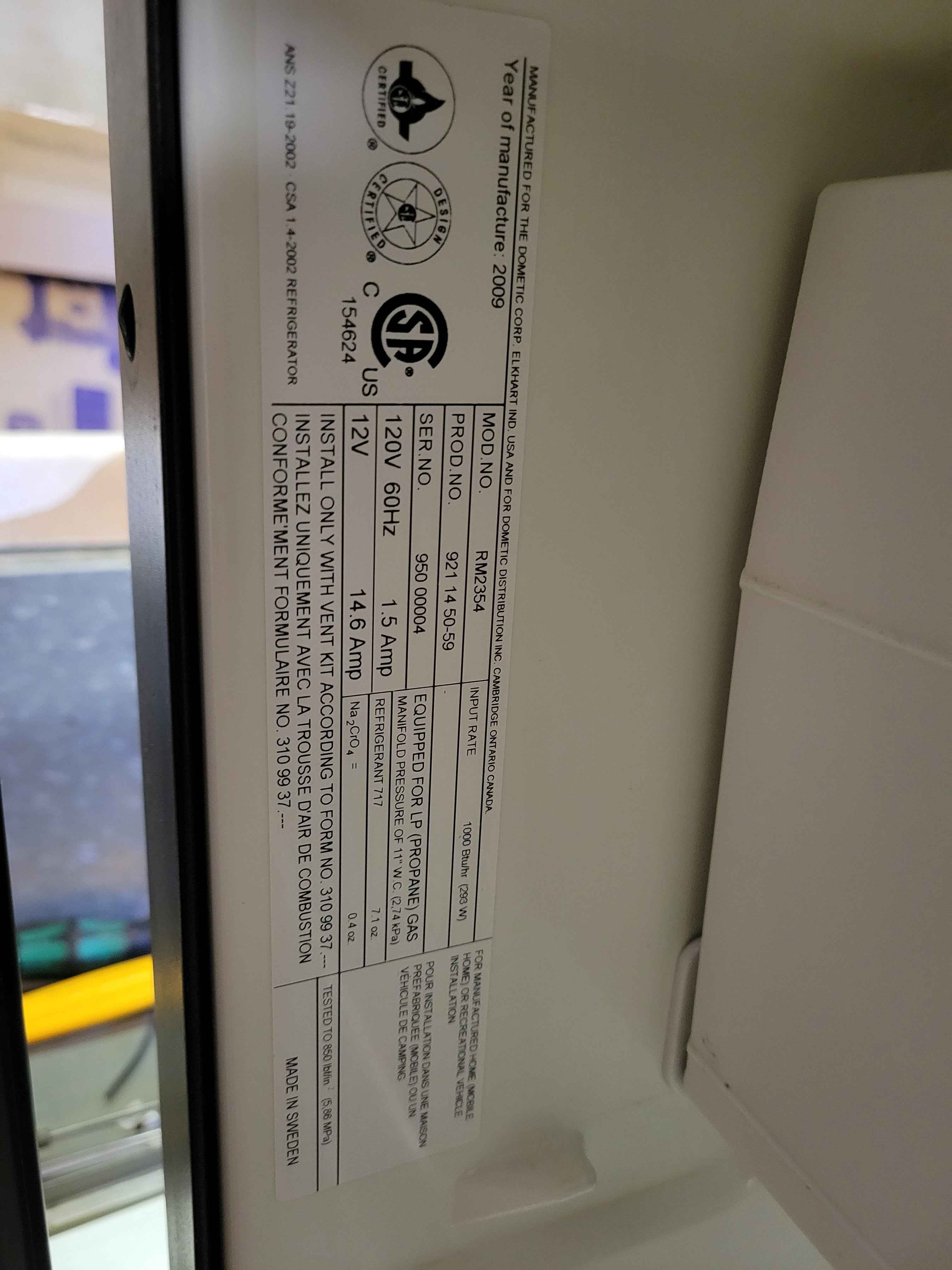 Dometic RM2354 Propane 110v and 12v RV Fridge