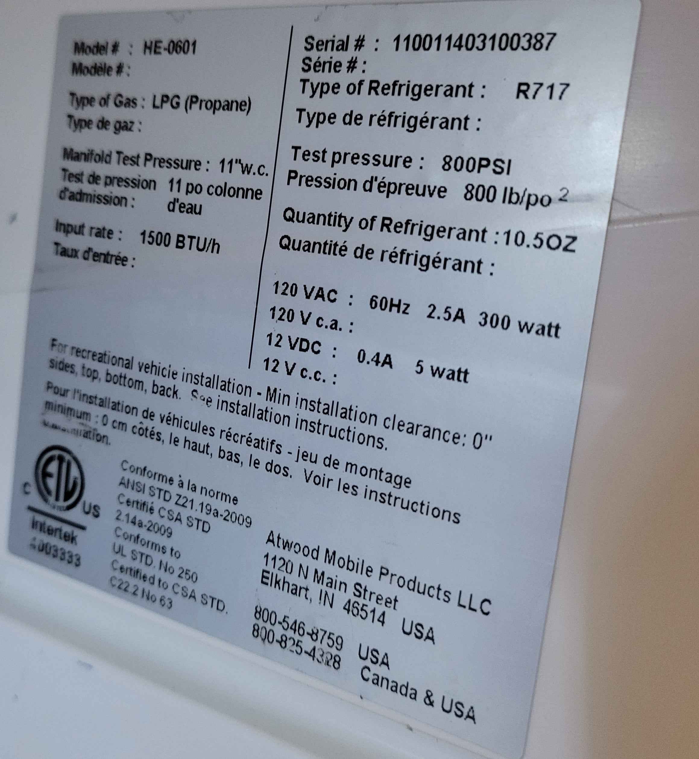 RV Atwood Helium Fridge HE06-01 Propane and Electric