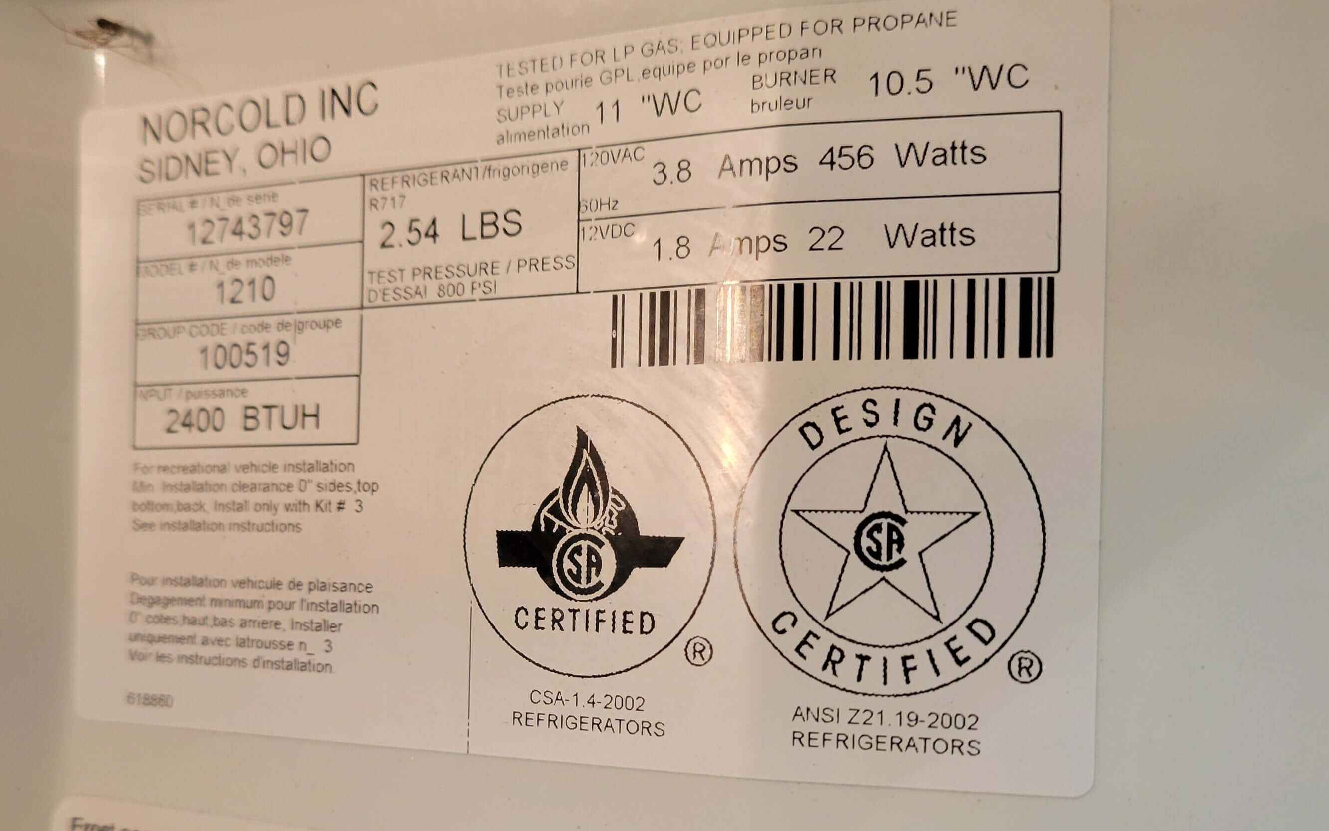 Norcold 1210 Double Door RV Refrigerator – Propane & Electric