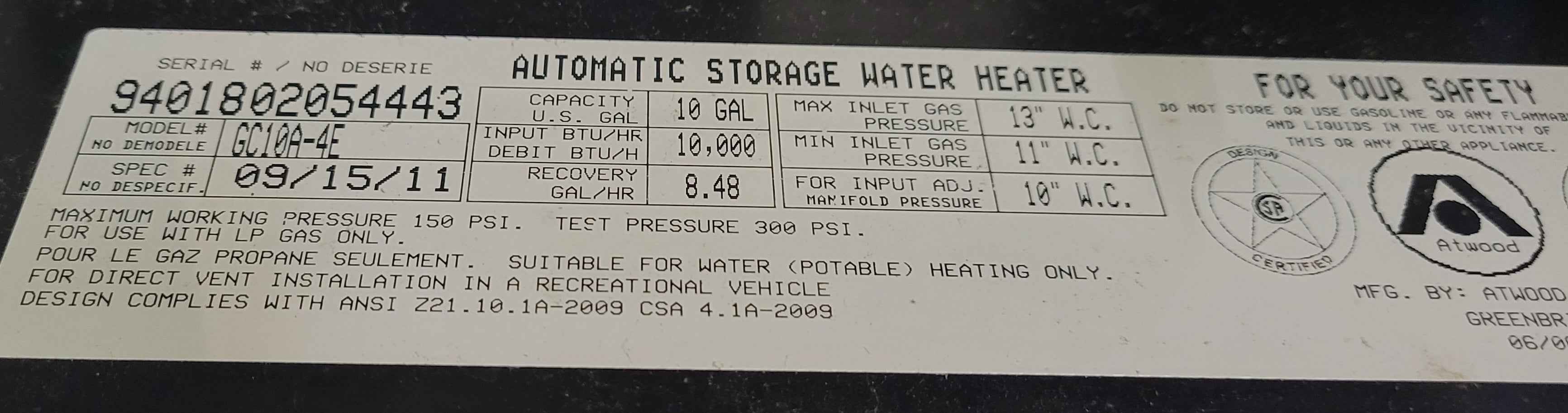 Atwood GC10A-4E 10-Gallon RV Hot Water Heater | Propane & 120V
