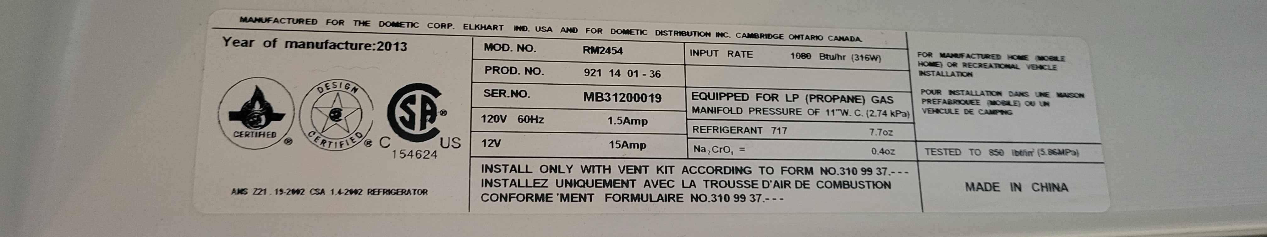 Dometic RM2454 3-Way RV Refrigerator – Propane / 110V / 12V