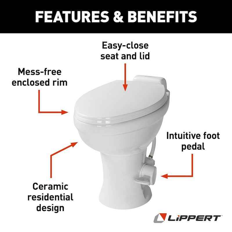RV Toilet Lippert 2022113192 – Flow Max Permanent Pedal-Flush – White