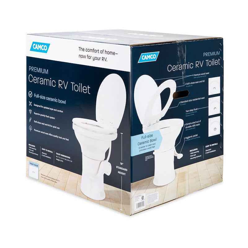 RV Toilet High Profile – 41710 Permanent Pedal Flush – Wood Seat – White