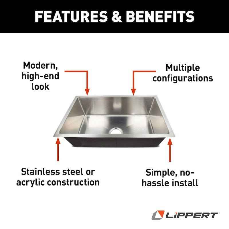 RV Undermount Square Sink – 27" Stainless Steel, No Faucet Mount