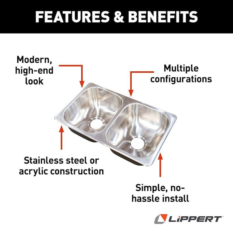 Double Bowl RV Sink – 27" Stainless Steel, Top or Undermount - Used RV Parts