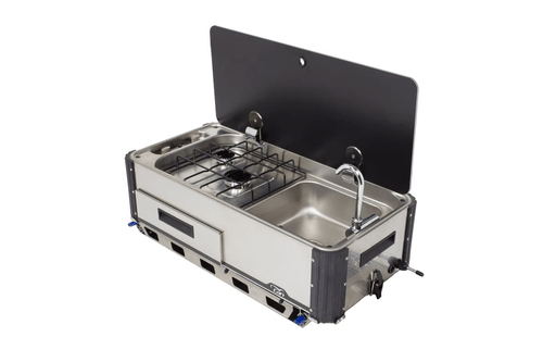 CAN SRL 2-Burner Cooktop with Sink - Stainless Steel & Black Glass Lid - SL1400LC-O - Used RV Parts