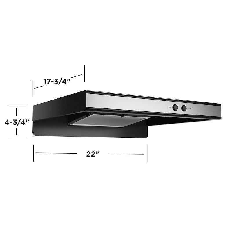 RV Stove Vent Hood 12V Ducted – 22" Under-Cabinet Black with Fan, Light (JVXR22SPSS)