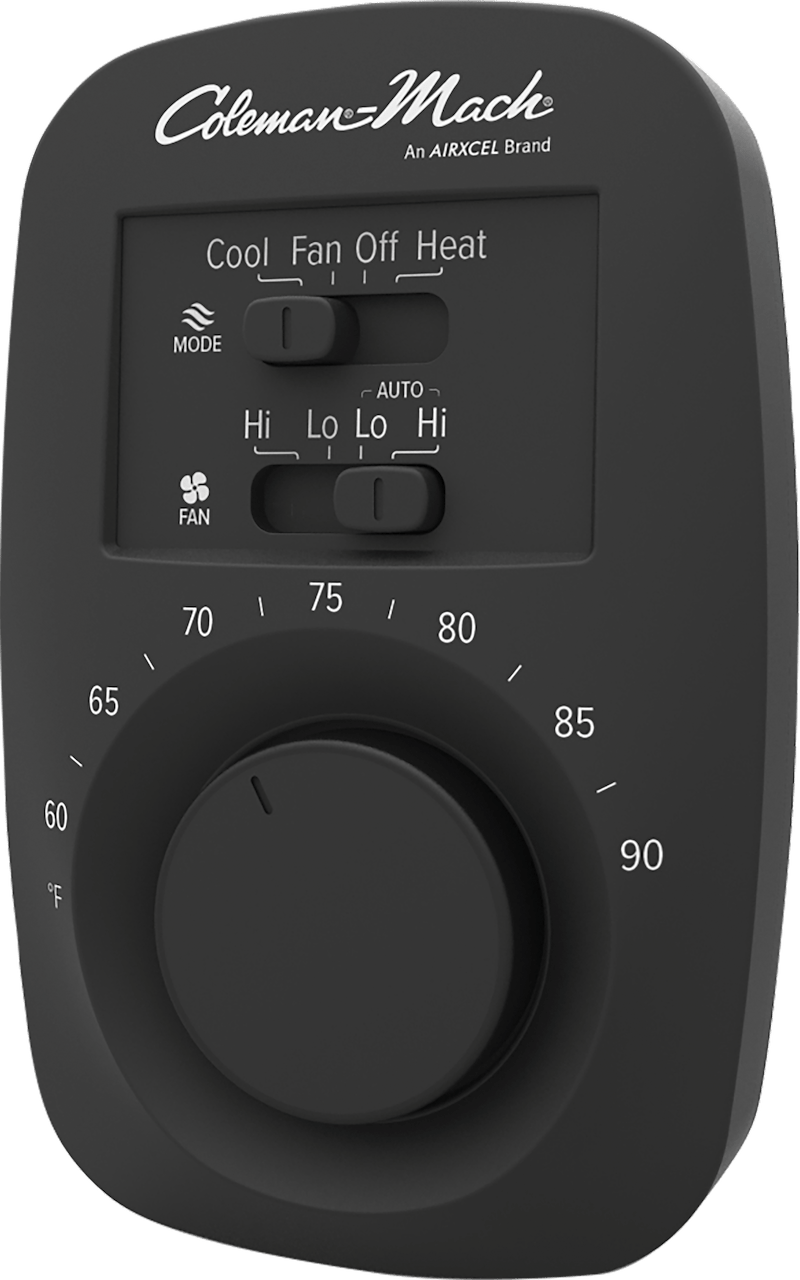 Coleman-Mach Wall Thermostat – 12V DC, Single Stage, Heat/Cool, Mechanical Control, Black - Used RV Parts