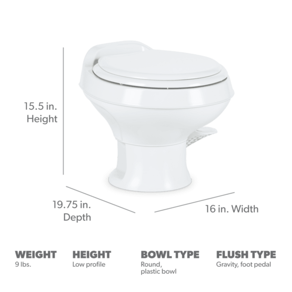 Dometic 301 Series RV Toilet – Permanent, Pedal Flush Control, White, Round - Used RV Parts