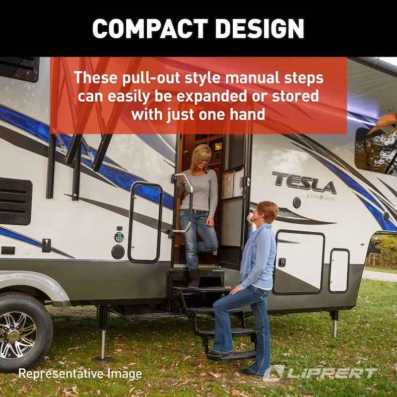 Lippert 3-Step Manual RV Entry Step 432687 – 24" Wide, Black Steel