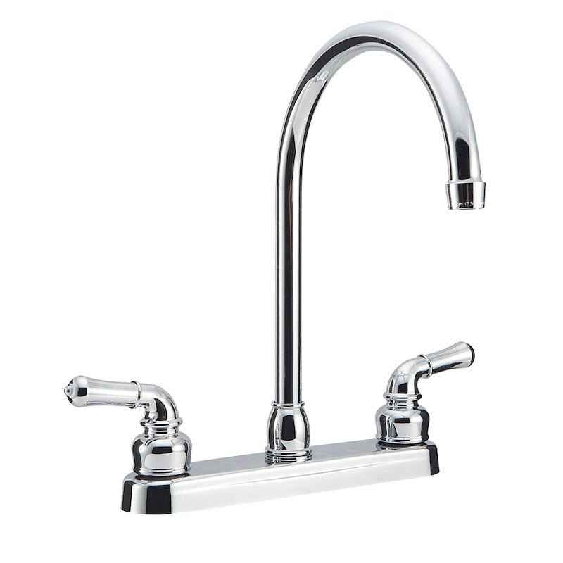 Kitchen Faucet – 12" J-Spout, 8" Deck Mount, Dual Teapot Handles, Chrome