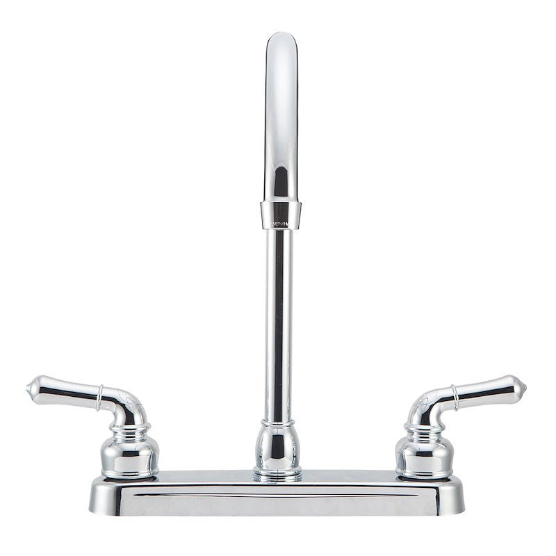 Kitchen Faucet – 12" J-Spout, 8" Deck Mount, Dual Teapot Handles, Chrome - Used RV Parts
