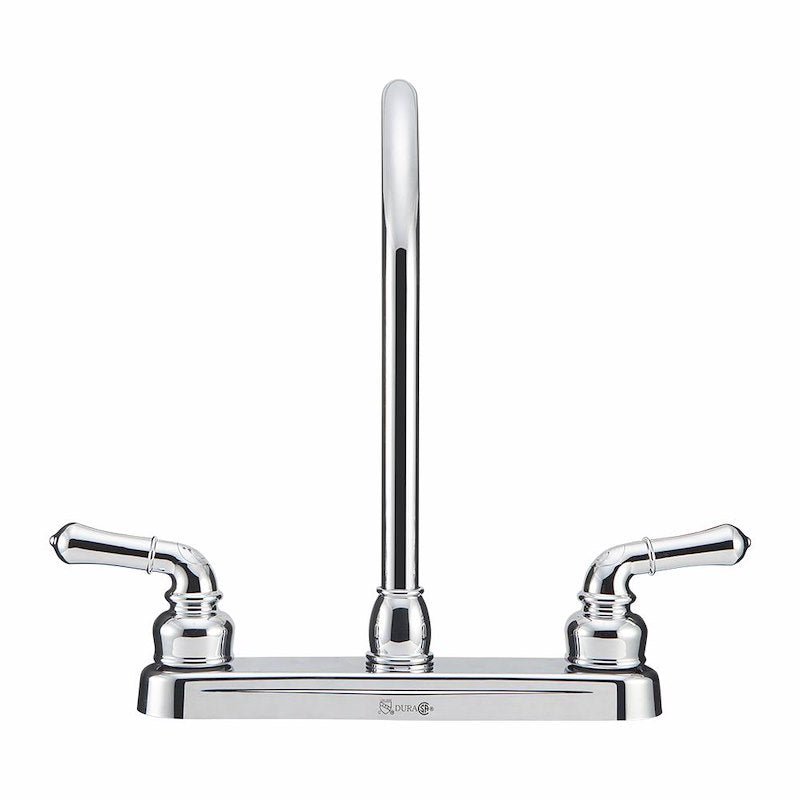 Kitchen Faucet – 12" J-Spout, 8" Deck Mount, Dual Teapot Handles, Chrome - Used RV Parts
