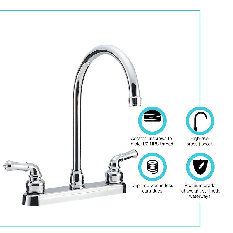 Kitchen Faucet – 12" J-Spout, 8" Deck Mount, Dual Teapot Handles, Chrome - Used RV Parts
