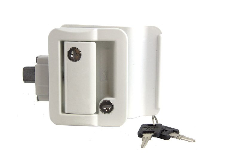 Serrure de porte d'entrée pour camping-car – Lippert 239632 – Blanche, à clé et pêne dormant
