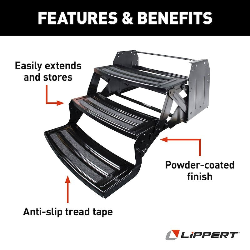 Lippert 3-Step Manual RV Entry Step – 24" Wide, Radius Tread, Bolt-On, Black Steel - Used RV Parts