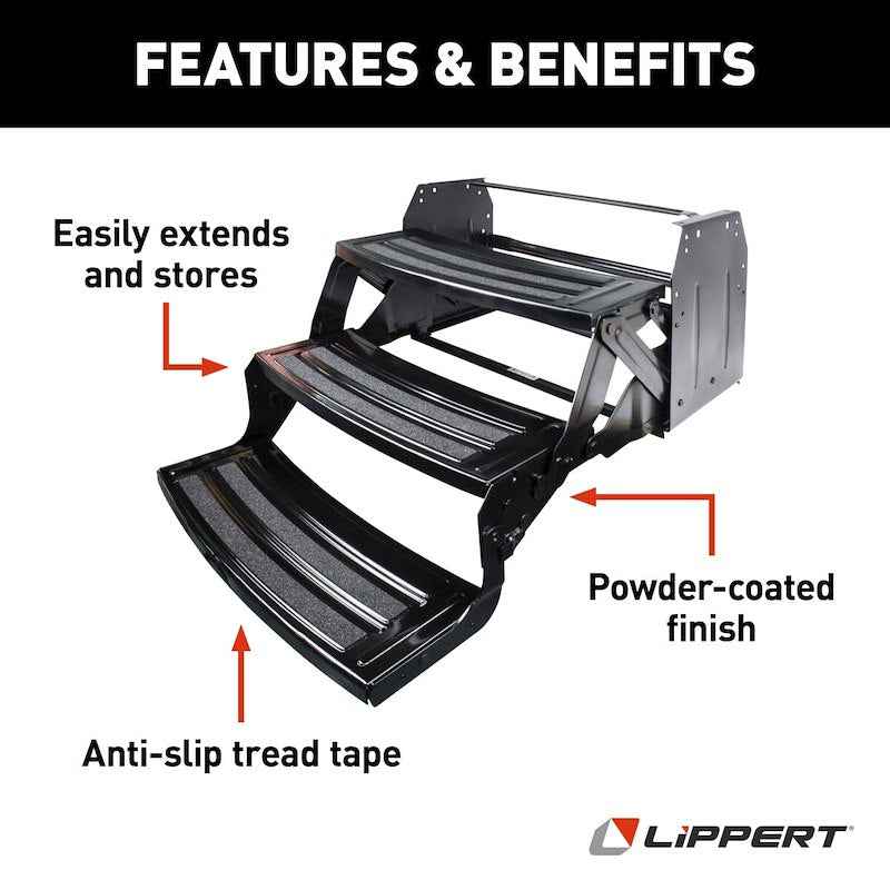 Lippert 3-Step Manual RV Entry Step – 24" Wide, Radius Tread, Bolt-On, Black Steel