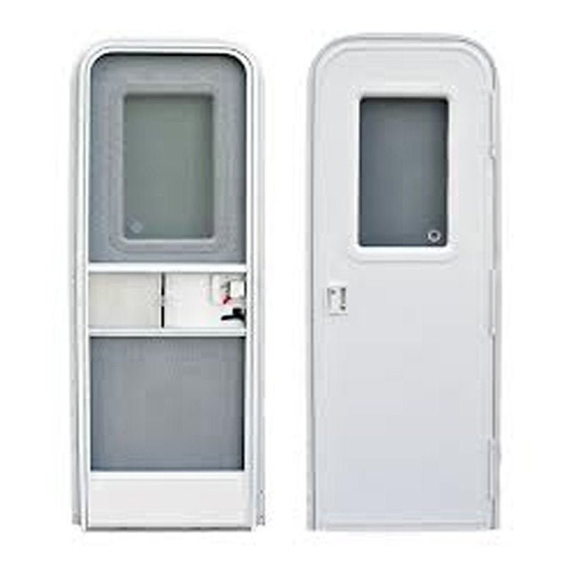 30" x 72" Radius RV Entry Door – Right Hinge, Polar White with Window & Screen Door - Used RV Parts