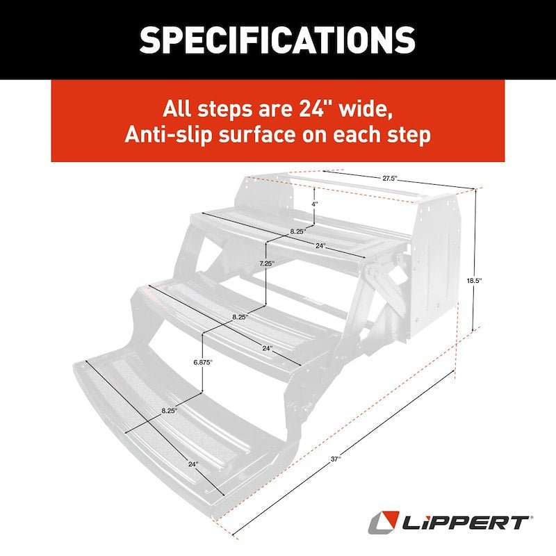 Lippert 3-Step Manual RV Entry Step – 24" Wide, Radius Tread, Bolt-On, Black Steel - Used RV Parts