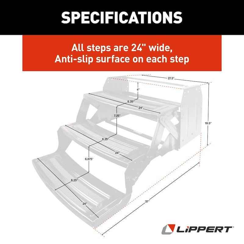 Lippert 3-Step Manual RV Entry Step – 24" Wide, Radius Tread, Bolt-On, Black Steel