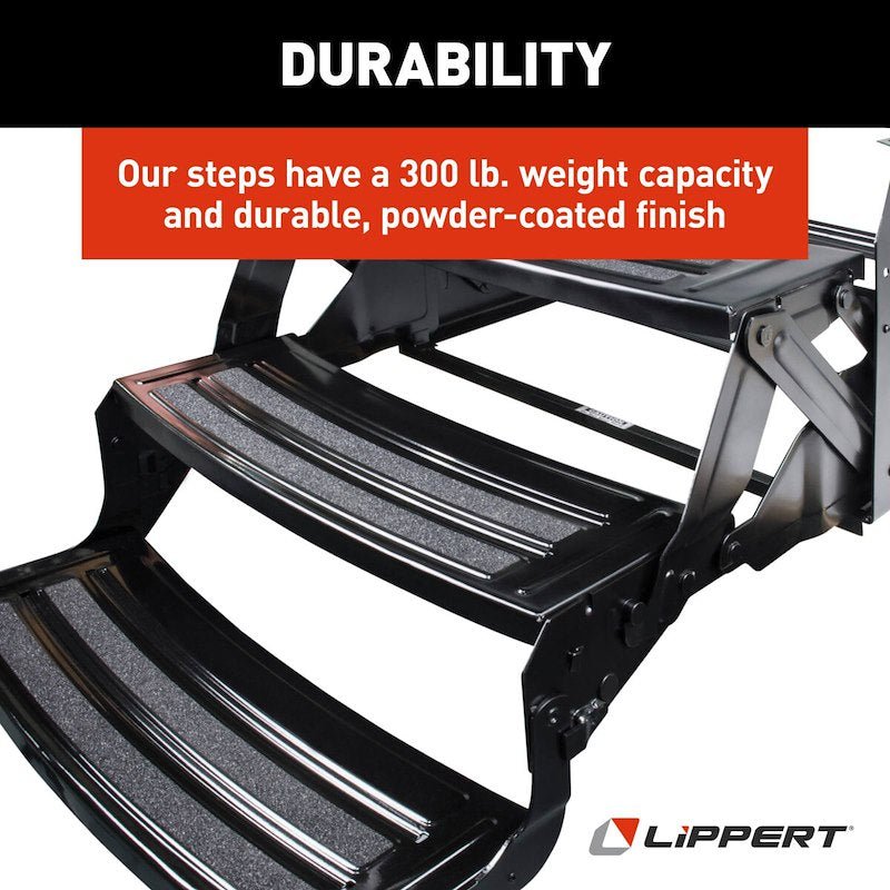 Lippert 3-Step Manual RV Entry Step – 24" Wide, Radius Tread, Bolt-On, Black Steel - Used RV Parts