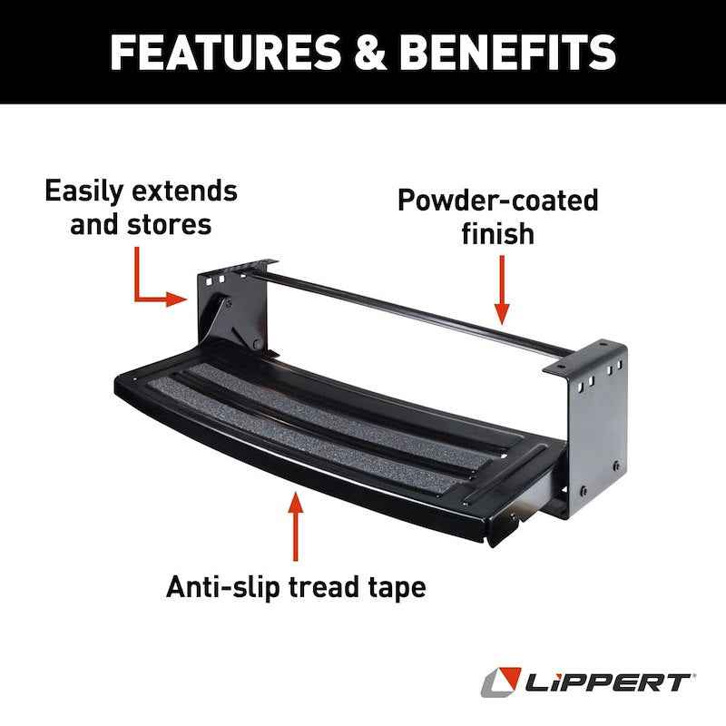 Lippert Single Manual RV Entry Step – 24" Radius Tread, Bolt-On, Black Steel