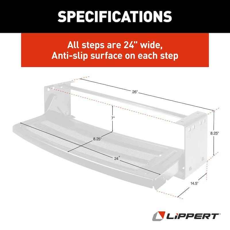Lippert Single Manual RV Entry Step – 24" Radius Tread, Bolt-On, Black Steel