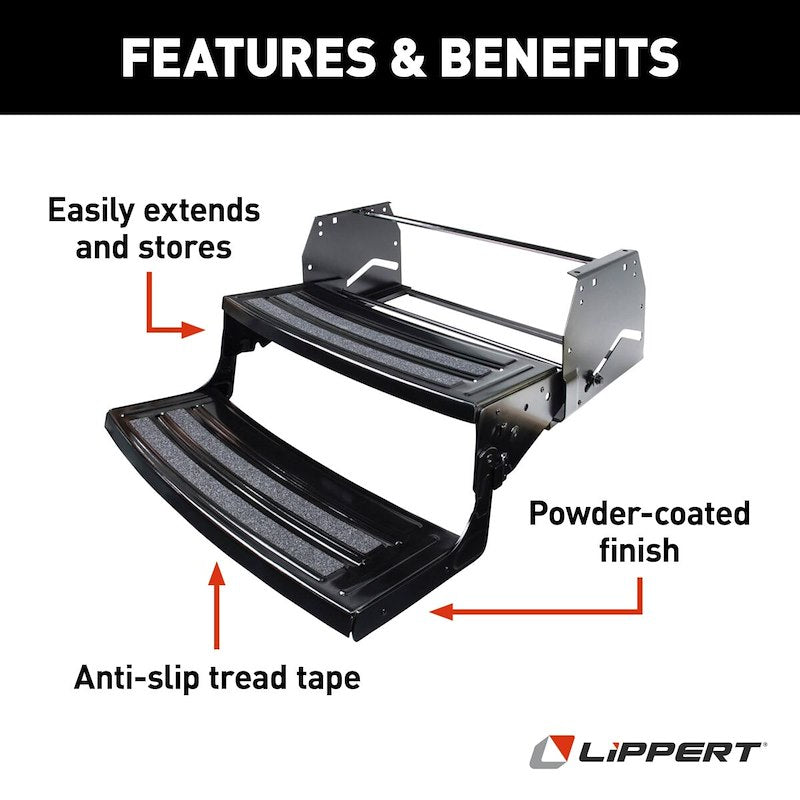 Lippert 2-Step Manual RV Entry Step – 24" Wide, Radius Tread, Bolt-On, Black Steel - Used RV Parts