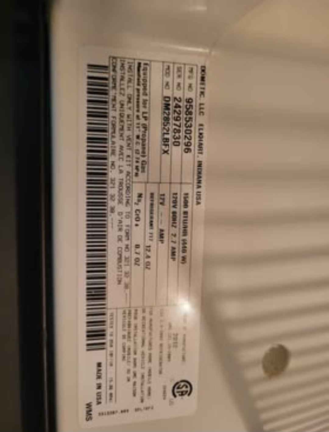 Dometic DM2852 RV Fridge Propane and Electric