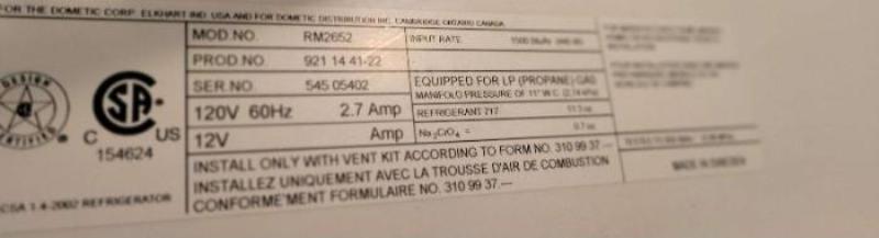 Dometic Rm2652 RV Fridge Propane and Electric Two Way - Used RV Parts