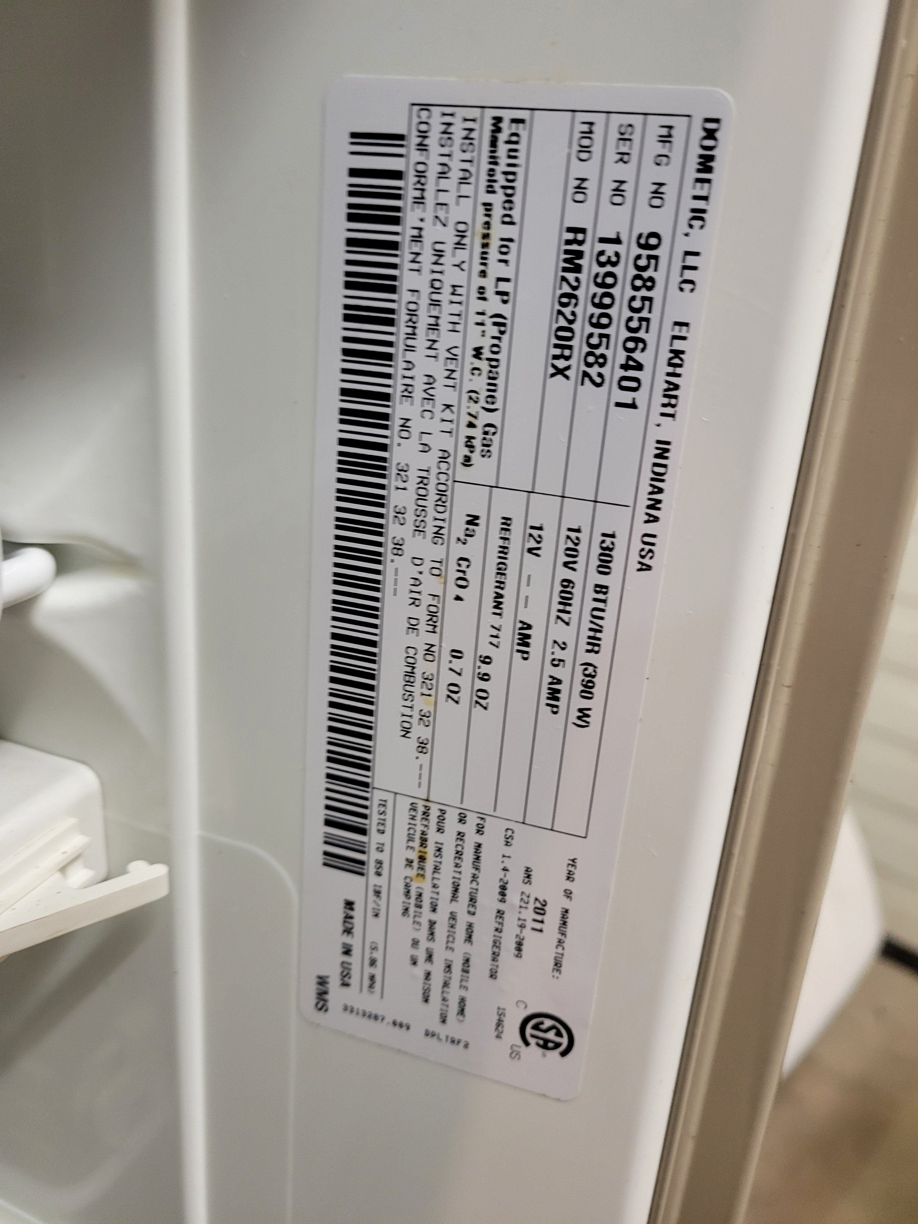 Dometic RV Propane and Electric Fridge RM2620