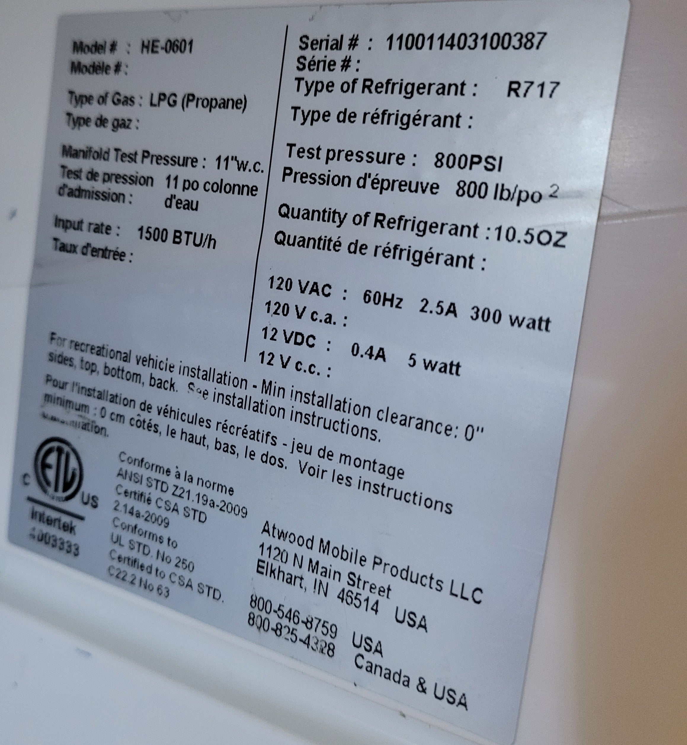 RV Atwood Helium Fridge  HE06-01 Propane and Electric