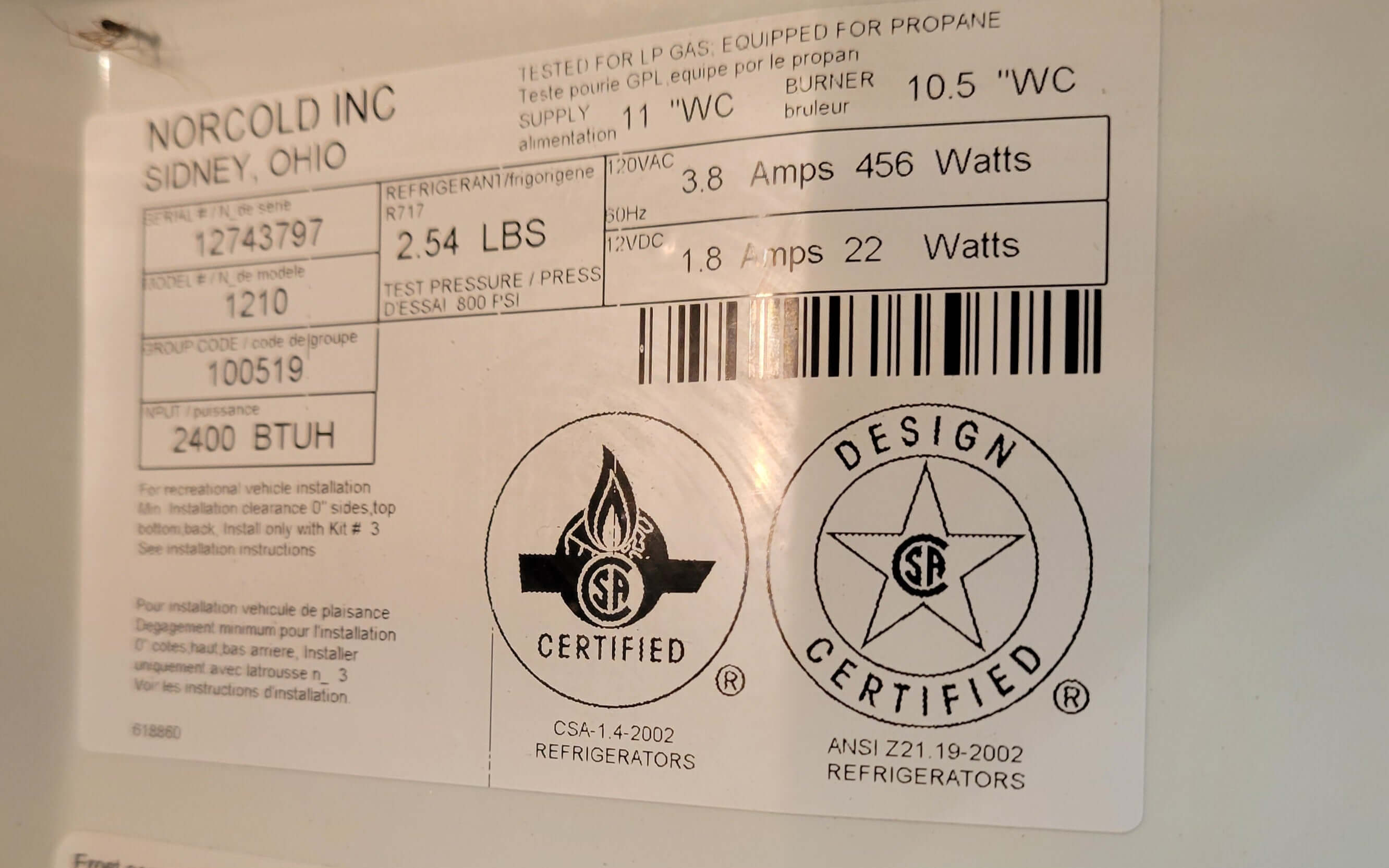 Norcold 1210 Double Door RV Refrigerator – Propane & Electric - Used RV Parts