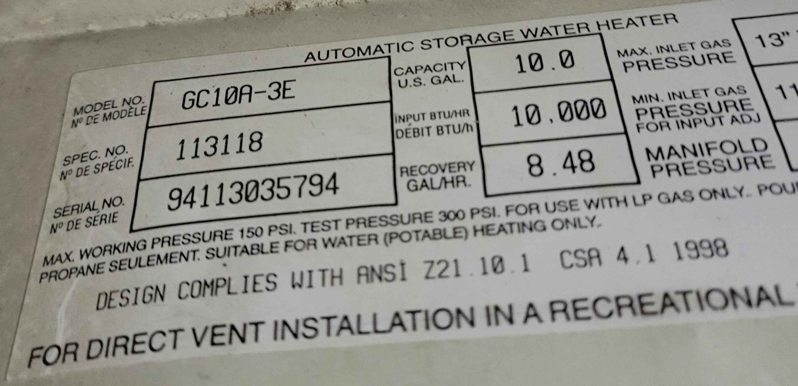 Atwood 10 Gallon RV Hot Water Heater GC10A-3E – Propane