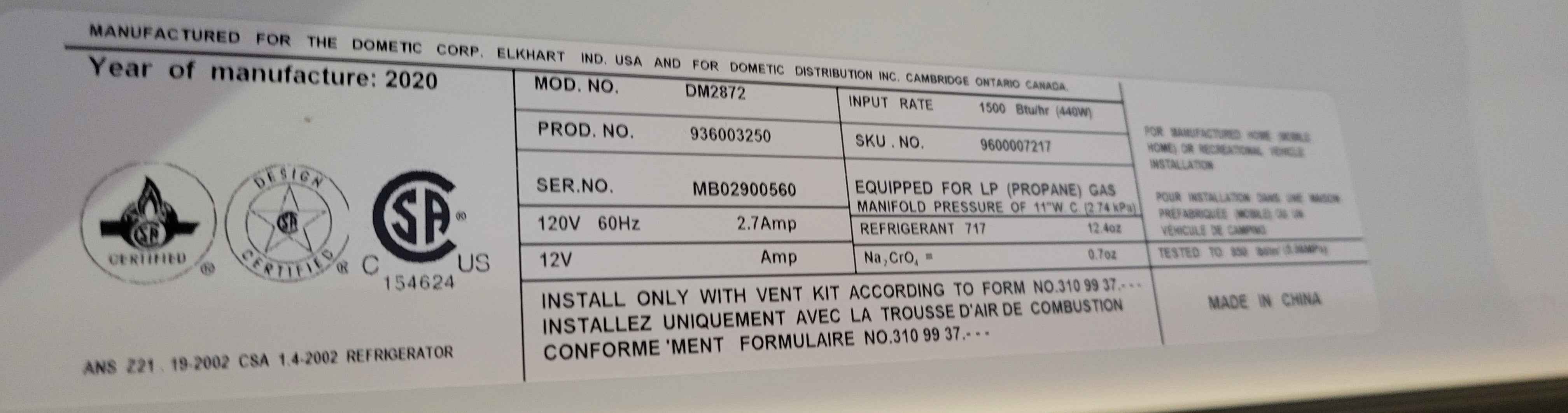Dometic DM2872 RV Refrigerator – 8 cu ft – Propane & Electric