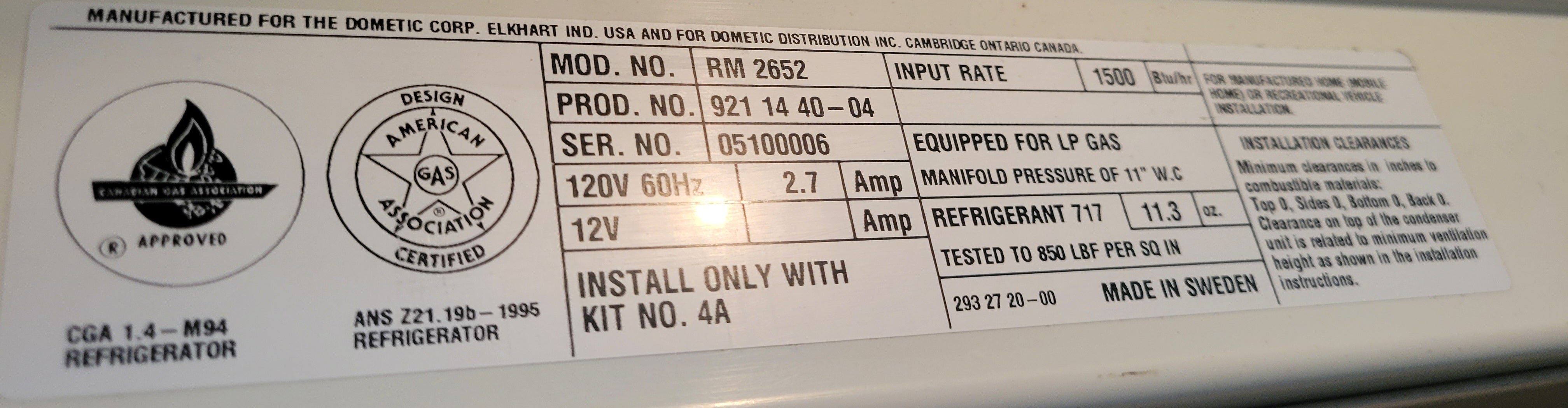 RV Fridge Dometic Rm2652 Propane and Electric 6 Cubic