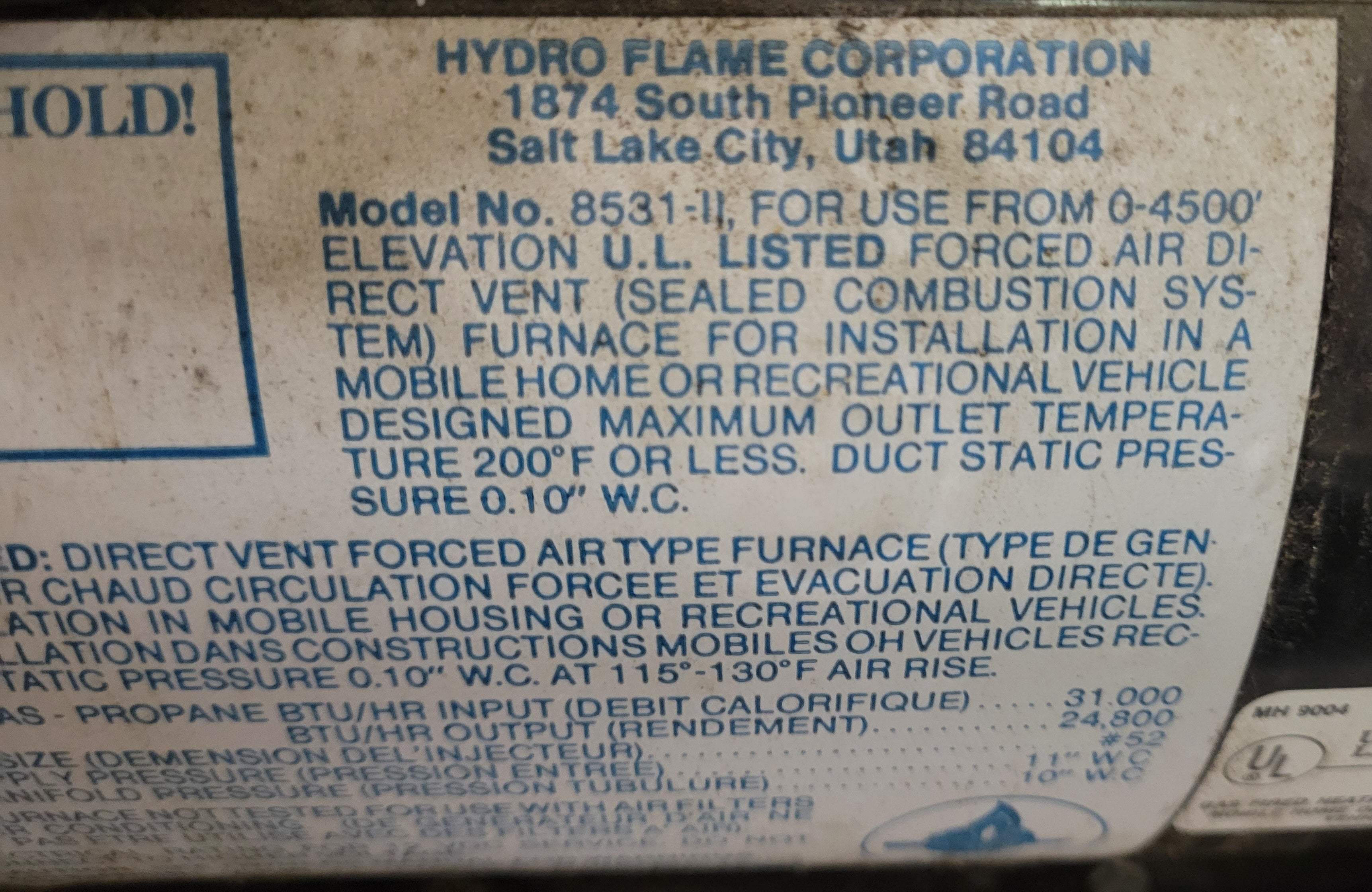 Hydroflame RV Furnace 8531-II – 31,000 BTU Propane Heater