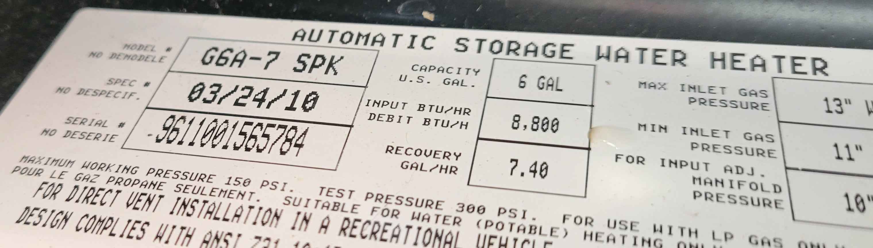 Atwood G6A-7 SPK Propane RV Water Heater