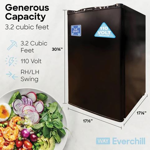 Réfrigérateur Everchill pour VR de 3,2 pi³ – 110 V, ouverture à droite, noir avec garniture en acier inoxydable