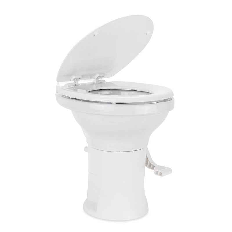 RV Toilet High Profile – 41710 Permanent Pedal Flush – Slow-Close Wood Seat – White