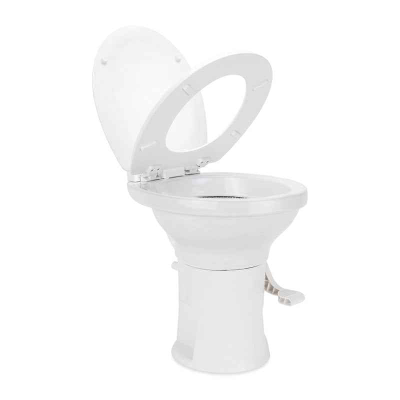 RV Toilet High Profile – 41710 Permanent Pedal Flush – Slow-Close Wood Seat – White
