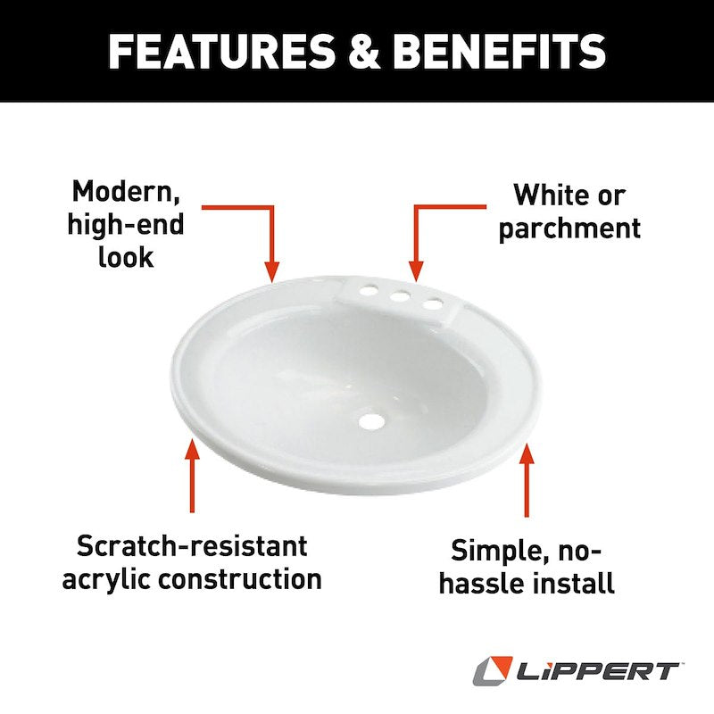 RV Oval Sink – Drop-In, White, 3-Hole Faucet Mount